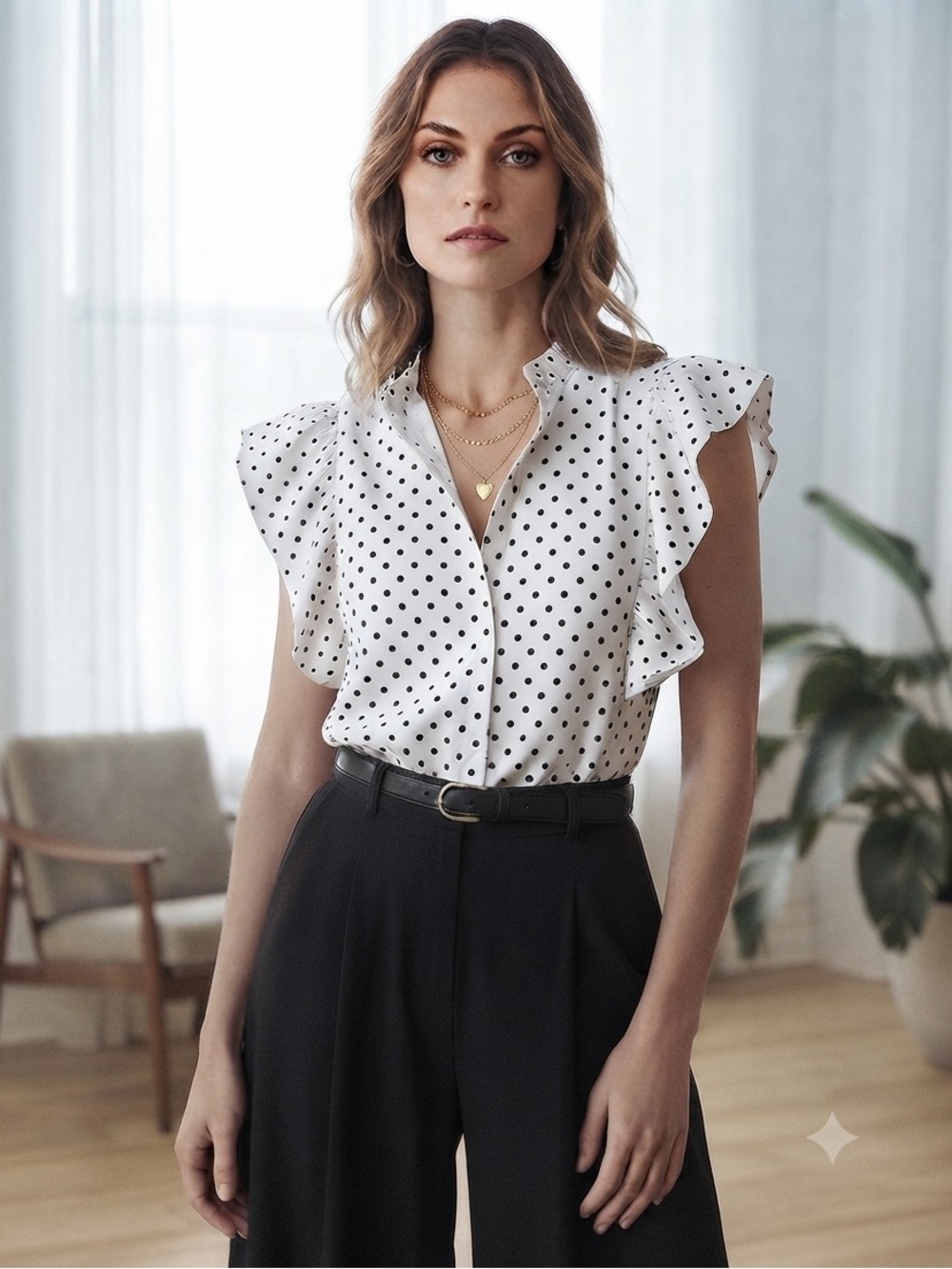 Hunter Bell NY Raised Polka Dot Button-Front Blouse with Ruffle Detail